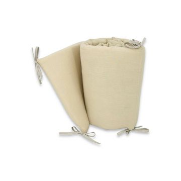 Aparatoare pentru patut, Qmini, Din muselina dubla, 180x30 cm, Cu panglici, Din material certificat Oeko Tex Standard 100, Warm Beige