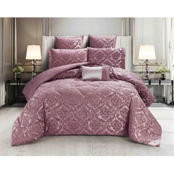 Lenjerie de Pat 2 Persoane cu Elastic si Pilota Inclusa ,   Set 7 Piese din Bumbac Jacquard