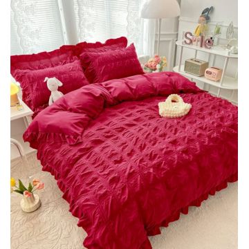 Lenjerie Pat Dublu 6 Piese Bumbac Finet Creponat Uni cu Volanase