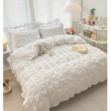 Lenjerie Pat Dublu 6 Piese Bumbac Finet Creponat Uni cu Volanase