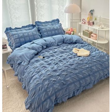 Lenjerie Pat Dublu 6 Piese Bumbac Finet Creponat Uni cu Volanase