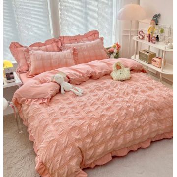 Lenjerie Pat Dublu 6 Piese Bumbac Finet Creponat Uni cu Volanase