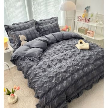 Lenjerie Pat Dublu 6 Piese Bumbac Finet Creponat Uni cu Volanase