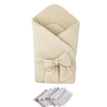 Pachet Paturica de infasat Beige, Qmini, Din muselina dubla si 6 scutece 35x35 cm din muselina de bambus