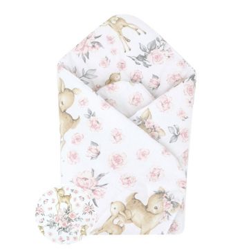 Paturica de infasat, MimiNu, Cu doua fete, Cu multiple utilizari, Cu inchidere arici velcro, Dimensiune 75x75 cm, Din bumbac certificat Oeko Tex Standard 100, Sweet Deer Pink