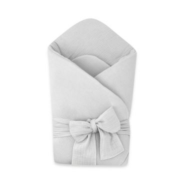 Paturica de infasat, Qmini, Din muselina dubla, Cu inchidere cu panglica, Dimensiune 75x75 cm, Din material certificat Oeko Tex Standard 100, Gray