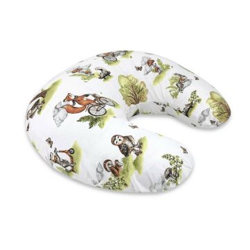 Perna pentru alaptat, Qmini, Din bumbac certificat Oeko Tex Standard 100, Cu husa detasabila, Cu fermoar securizat, Circumferinta 155 cm, Fox on bikes Natural