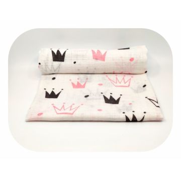 Scutec din muselina tetra 70x80 cm model Crown Black  Pink