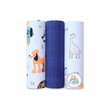 Set 3 scutece din muselina 70x80 cm model Albastru