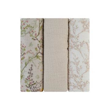 Set 3 scutece din muselina KikkaBoo 75x75 cm Secret Garden Beige