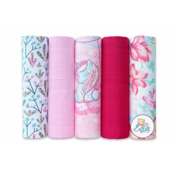 Set 5 scutece din muselina 70x80 cm model Roz Unicorn