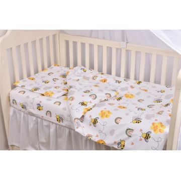 Set complet 7 piese Lenjerie si aparatori patut 120x60 cm din bumbac model albinute