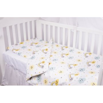 Set complet 7 piese lenjerie si aparatori patut 120x60 cm din bumbac model curcubee si norisori