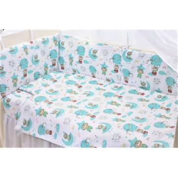 Set complet 7 piese lenjerie si aparatori patut 120x60 cm din bumbac model ursuleti in balon