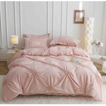 Set Lenjerie Pat Dublu 6 Piese din Bumbac Soft Touch ,   Pliuri Brodate cu Inimioare