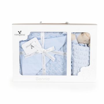 Set paturica 75x100cm si jucarie de atasament Cangaroo Bennie Blue din bumbac Minky,in cutie cadou eleganta