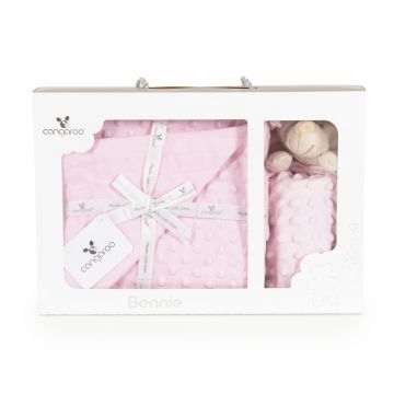 Set paturica 75x100cm si jucarie de atasament Cangaroo Bennie Pink din bumbac Minky,in cutie cadou eleganta