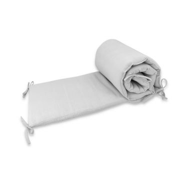 Aparatoare pentru patut Qmini Gray, din muselina dubla, 180x30 cm, cu panglici