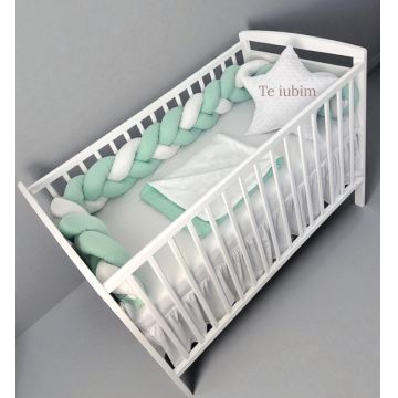 Lenjerie cu aparatoare impletita in 3, din bumbac, lungime 240 cm, cu cearsaf, paturica si perna steluta Te iubim Verde Menta PalAlb