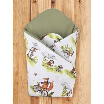 Paturica de infasat Qmini Fox on bikes Natural, cu doua fete, multiple utilizari, inchidere arici velcro, 75x75 cm, din bumbac
