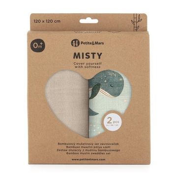 Set 2 scutece PetiteMars Whale Song Misty din muselina de bambus, hipoalergenice, 120x120 cm