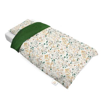 Set lenjerie de pat single din bumbac, Mini Flori Smarald, Little Amy, 90x120 cm