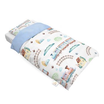Set lenjerie de pat single din bumbac, Trenuri, Little Amy, 90x120 cm