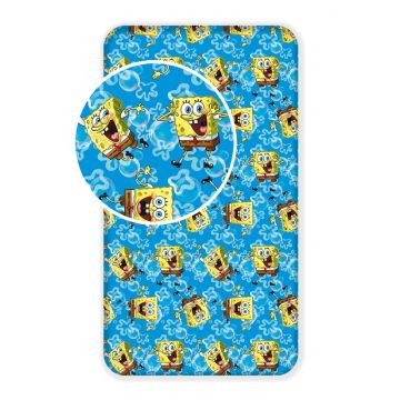 Cearceaf pentru copii albastru din bumbac cu elastic 90x200 cm Sponge Bob 