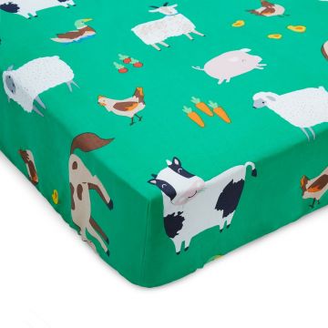 Cearceaf pentru copii verde pentru pat dublu cu elastic 135x190 cm Farmyard Animals – Catherine Lansfield