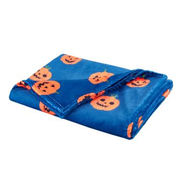 Pătură albastră/portocalie din micropluș/cocolino 130x170 cm cu model de Halloween Halloween Pumpkins – Catherine Lansfield
