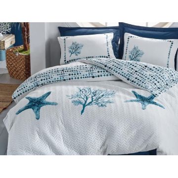 Set Lenjerie si Cuvertura 1 Persoana Star Albastra (Bumbac 100%)