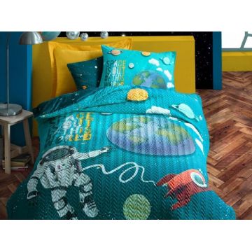 Set Lenjerie si Cuvertura Copii, cu Elastic, Little Astronaut (Bumbac 100%)