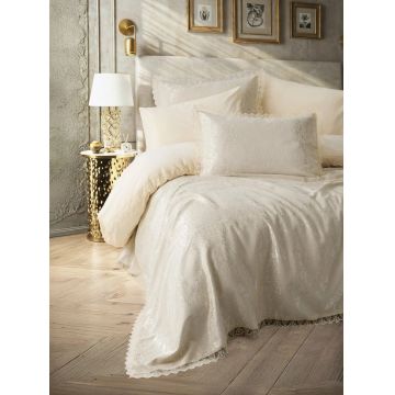 Set Lenjerie si Cuvertura Pique Velora Cappuccino (Bumbac 100%)