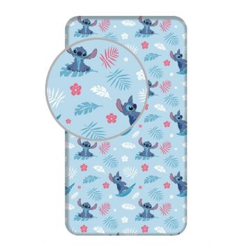 Cearceaf pentru copii albastru din bumbac pentru pat de o persoană cu elastic 90x200 cm Lilo & Stitch 
