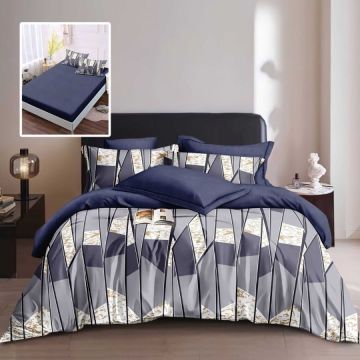 Lenjerie de pat finet 6 piese, cearceaf pat cu elastic, cearceaf pilota 200x230, 2 fete perna 50x70, 2 fete perna 70x70, Extra, Albastru geometric