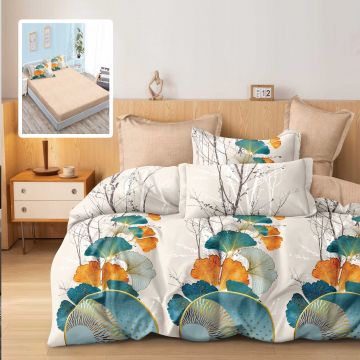 Lenjerie de pat finet 6 piese, cearceaf pat cu elastic, cearceaf pilota 200x230, 2 fete perna 50x70, 2 fete perna 70x70, Extra, Crem-Turcoaz