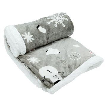 Pătură gri din sherpa 150x200 cm cu model de Crăciun Snowman – My House