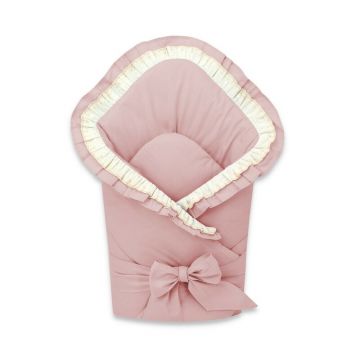Paturica de infasat, MimiNu, Cu volanase si dantela, Cu multiple utilizari, Cu inchidere cu panglica, Dimensiune 75x75 cm, Din bumbac certificat Oeko Tex Standard 100, Powder Pink