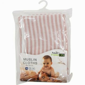 Set 4 lavete Bubaba Pink Strip din muselina 40x40 cm