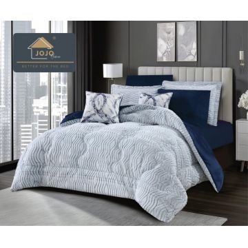 Set lenjerie de pat cu elastic ,cu pilota inclusa, blanita artificiala de iepure, 6 piese, Bleumarin