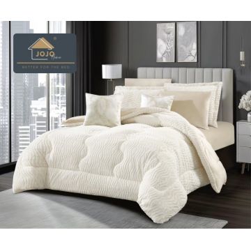 Set lenjerie de pat cu elastic ,cu pilota inclusa, blanita artificiala de iepure, 6 piese, Crem