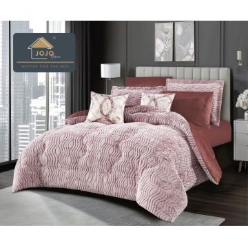 Set lenjerie de pat cu elastic ,cu pilota inclusa, blanita artificiala de iepure, 6 piese, Roz