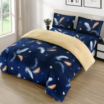 Lenjerie cu Elastic 180x200 Blue Feather, 4 Piese, cu Blanita (Cocolino)