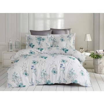 Lenjerie de pat dubla, L'essentiel Maison, Blomster, Albastru / Alb / Gri