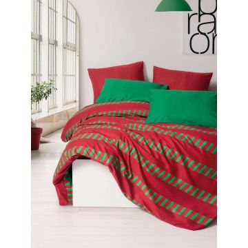 Lenjerie de pat dubla, L'essentiel Maison, Holly, Bumbac Ranforce, Verde/Roșu