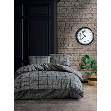 Lenjerie de pat dubla, L'essentiel Maison, Kare, Bumbac Ranforce, Negru