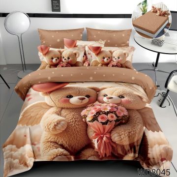 Lenjerie de pat Finet 5D Digital Print cu elastic – 4 piese, Angel Teddy Love