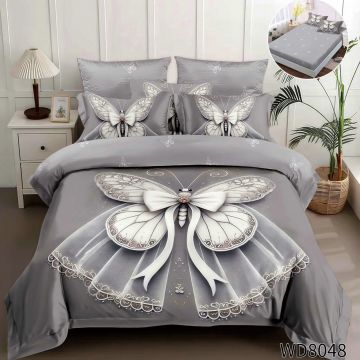 Lenjerie de pat Finet 5D Digital Print cu elastic – 4 piese, Elegant White Butterfly