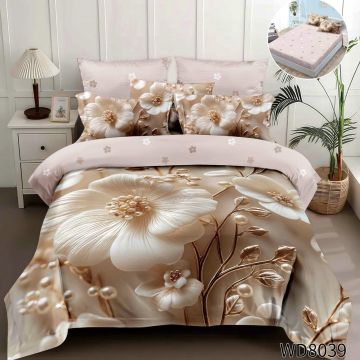 Lenjerie de pat Finet 5D Digital Print cu elastic – 4 piese, Golden Pearl Blossom