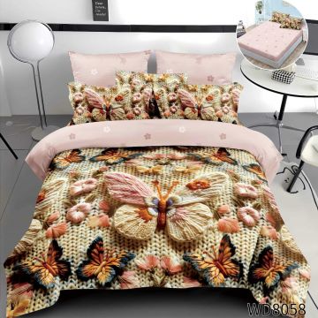 Lenjerie de pat Finet 5D Digital Print cu elastic – 4 piese, Knitted Butterfly Garden